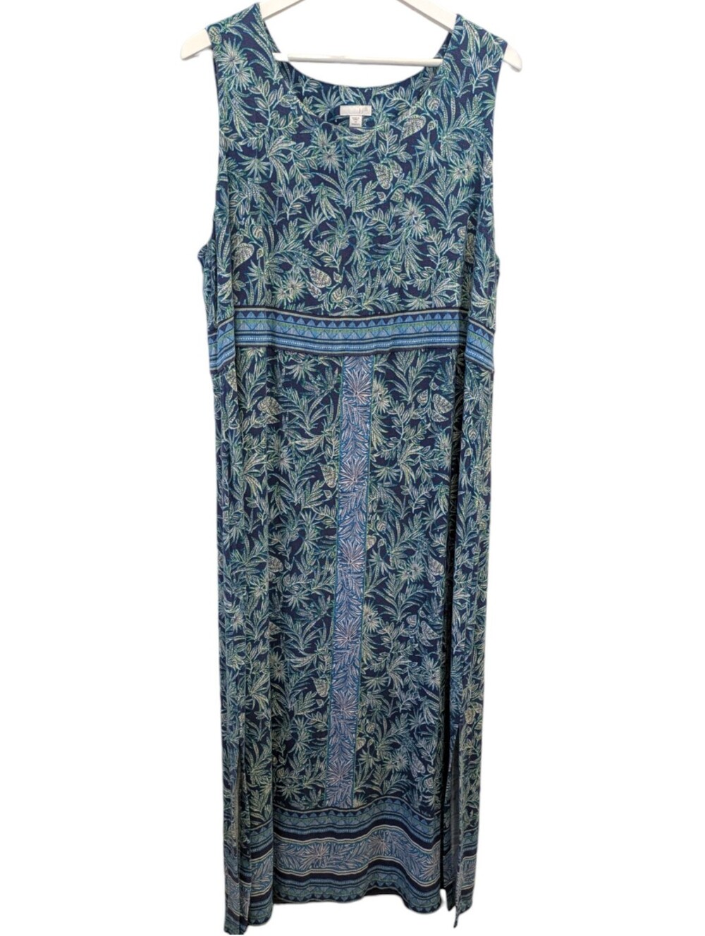 J. Jill Maxi Dress 2X Blue Tropical Foliage Print Sleeveless Border Panel Slit - Picture 9 of 9